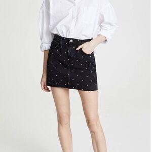 Current/Elliott The 5 Pocket Black Dot-Print Denim Skirt Size 32 Raw Hem Mini